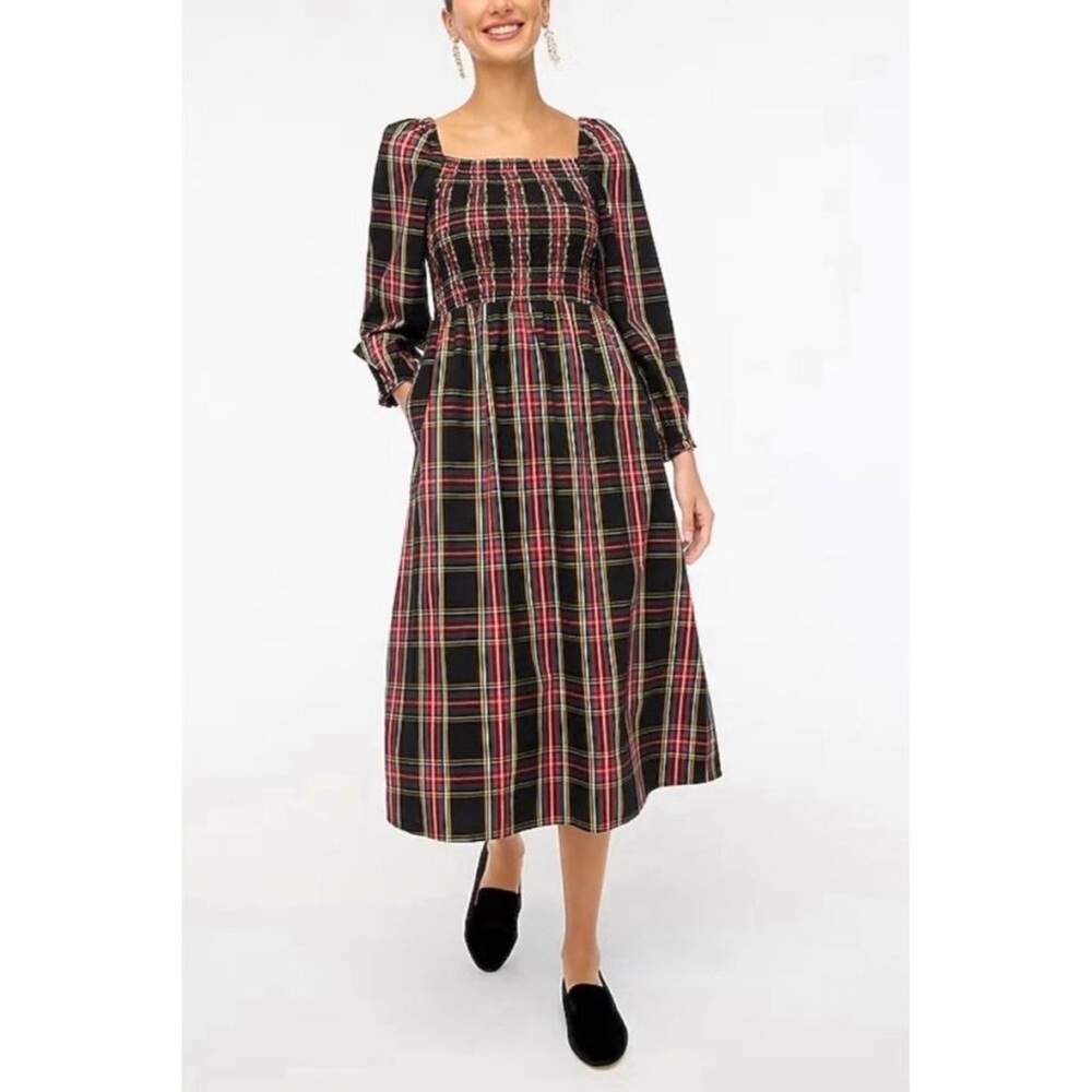 J. Crew Tartan Plaid Smocked Cotton Midi Dress, M